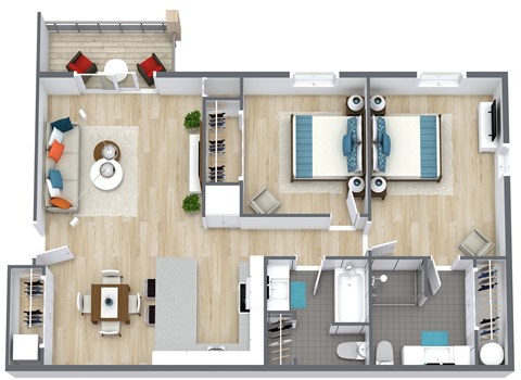 A top-down view of a modern apartment layout with a living room, kitchen, dining area, and bathroom.